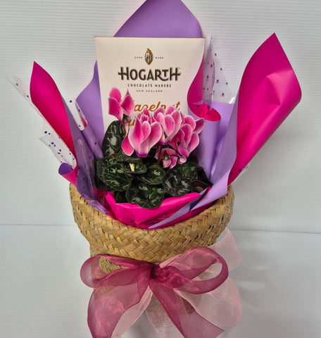 Kete with Cyclamen or Chrysanthemum & Hogarth Chocolate